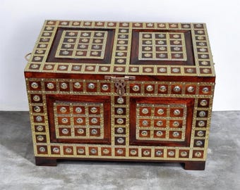 Handmade Wooden Storage Chest, Brass Inlay Coffee Table, Indian Decor Trunk
