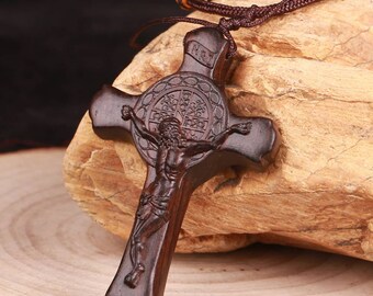 Cross Necklace Wood Carved Cross Pendant,100% handmade Ebony/Blackwood Cross Necklace Adjustable Necklace