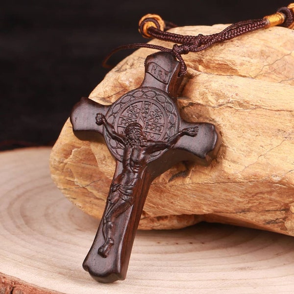 Cross Necklace Wood Carved Cross Pendant,100% handmade Ebony/Blackwood Cross Necklace Adjustable Necklace