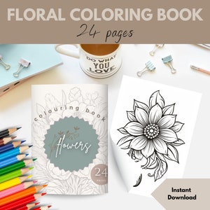 Floral Coloring Book | Printable Pdf | 24 Printable Flower Coloring Pages | Digital Download | Grayscale Coloring Page