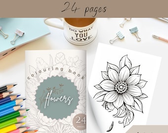 Floral Coloring Book | Printable Pdf | 24 Printable Flower Coloring Pages | Digital Download | Grayscale Coloring Page