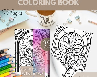 Printable Pdf | Floral Coloring Book | Instant Download | 39 Printable Flower Coloring Pages | Stained Glass | Adult And Kids Coloring Book