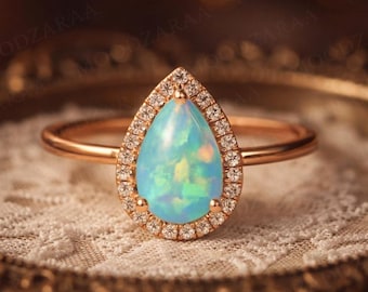 Pear Cut Opal Ring 925 Sterling Silver Gold Plated Halo Ring Vintage Inspired Teardrop Opal Engagement Gift for Her