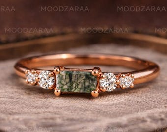Anillo de ágata musgosa en plata de ley 925 / Anillo de piedra preciosa verde hecho a mano / Anillo de compromiso inspirado en la naturaleza / Joyería bohemia minimalista
