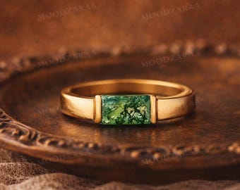 Anillo de ágata musgosa en plata de ley 925 / Anillo minimalista de piedra verde / Alianza de compromiso
