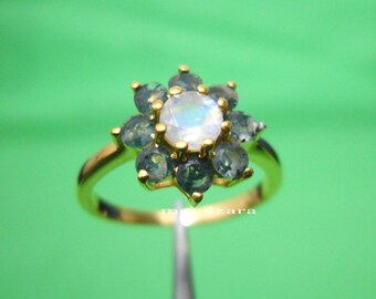 Anillo de piedra lunar y ágata musgosa: oro vermeil de 18 k, solitario de plata de ley