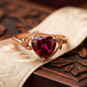 Może przedstawiać: Pierścionek z różowego złota z rubinem w kształcie serca. Pierścionek ma delikatny wzór liści po obu stronach kamienia. Pierścionek jest umieszczony na kremowej tkaninie i ciemnej drewnianej powierzchni.