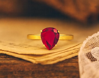 Pear Ruby Ring | Sterling Silver Gold-Plated  Minimalist July Birthstone Women Ring Gift Her