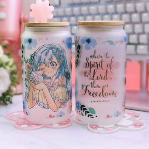 2 Corinthians 3:17 Iced Coffee Can Glass, Iced Coffee Glass w/ Bamboo Lid & Straw, Anime Bible Verse Coffee Glass Cup Christian Coffee Glass