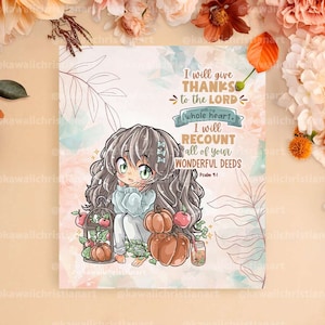 Impresión cristiana de anime chibi del Salmo 9:1: decoración de pared con versículos bíblicos inspirados en la fe