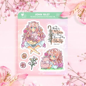 Foglio di adesivi kawaii Giovanni 10:27, adesivi kawaii, adesivi cristiani per il diario della Bibbia, adesivi per versetti della Bibbia, estetica carina