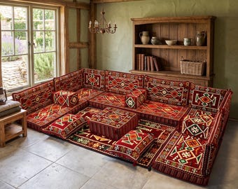 Floor Seating Sofa, Boho Living Room Bench Set, Custom Upholstered Wood Furniture
