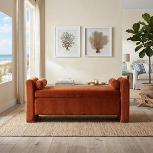 Puede incluir: Un banco de almacenamiento rectangular tapizado en tela de terciopelo color naranja quemado. El banco cuenta con dos cojines cilíndricos en cada extremo, una superficie superior plana y una base sólida. El diseño es limpio y funcional.