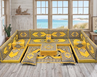 Zestaw wypoczynkowy Boho Floor, modułowa sofa w kształcie litery U, drukowane poduszki w stylu kilim