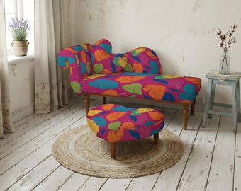 Authentisches Möbel, zusätzliche Sitzbank, Boho Couch, Handwerker Möbel, Sofa mit Pouf, schickes 2er Sofa, gemütliche Chaise Lounge