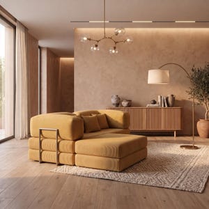 May include: A mustard yellow corduroy sectional sofa with a low profile and a metal side frame. The sofa features a modular design with a matching ottoman, textured fabric, and square cushions, positioned in a room with light wood flooring.