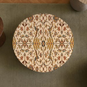 May include: A circular rug featuring a cream-colored background with a symmetrical, intricate floral pattern in shades of rust, mustard yellow, sage green, and dark brown. The design consists of repeating botanical motifs and scrolling vines.