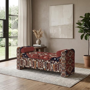 Poggiapiedi contenitore, consolle d'ingresso, pouf con motivo etnico, divano, cassapanca contenitore, panca da trucco, tavolino basso, tavolino da caffè