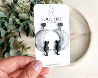 Cat Silhouette on Moon - Statement Earrings