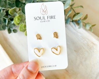 White Heart & Ghost Stud Set | Polymer Clay Earrings | Handmade Earrings | Statement Earrings | Lightweight