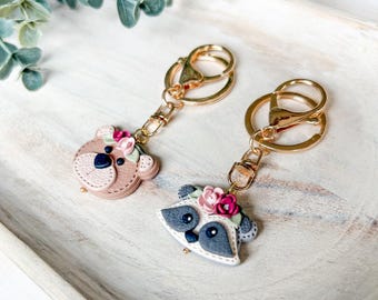 Floral Bear & Raccoon - Leather Textured Polymer Clay Keychain