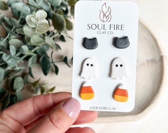 Candy Corn, Cat & Ghost Stud Trio - Fall - Statement Earrings