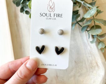 Black Heart & Silver Ball Stud Set | Polymer Clay Earrings | Handmade Earrings | Statement Earrings | Lightweight
