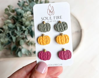 Knit Pumpkin Stud Trio - Fall - Statement Earrings