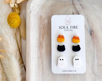 Halloween stud statement Earrings - Cat - Candy corn - Ghost  | Floral Earrings | Polymer Clay Earrings | Handmade Earrings | Lightweight