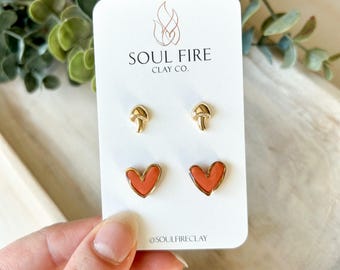 Paprika Heart & Mushroom Stud Set | Polymer Clay Earrings | Handmade Earrings | Statement Earrings | Lightweight