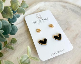 Black Heart & Spider Web Stud Set | Polymer Clay Earrings | Handmade Earrings | Statement Earrings | Lightweight