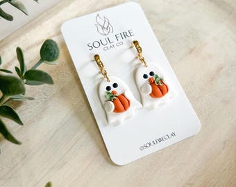Ghost Holding a Pumpkin statement Earrings | Floral Earrings | Polymer Clay Earrings | Handmade Earrings | Statement Earrings | Lightweight