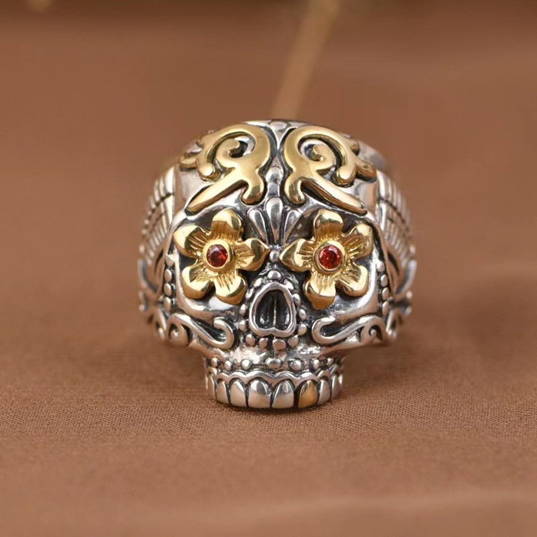 Sterling Silver Ruby Stone Eyes Skull Ring Men & Women Etsy