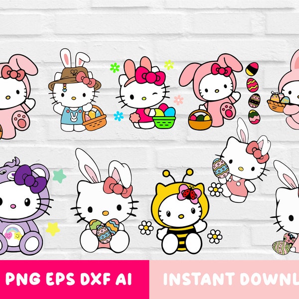 Happy Easter Bundle SVG, Cute Kawai Kitty Easter Svg, Bundle Retro Easter Svg, Kitty Easter Svg, Easter Bunny Svg, Easter Clipart Bundle