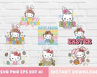 Happy Easter SVG, Cute Kawai Kitty Easter Svg, Retro Easter Svg, Kitty Easter Svg, Easter Bunny Svg, Easter Sublimation Design, Cricut File