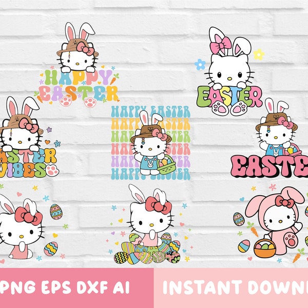 Happy Easter SVG, Cute Kawai Kitty Easter Svg, Retro Easter Svg, Kitty Easter Svg, Easter Bunny Svg, Easter Sublimation Design, Cricut File