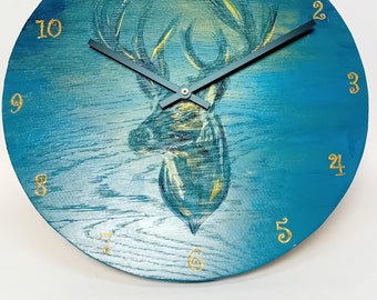 Wall clock oak deer blue