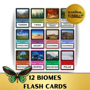 May include: A set of 12 colorful flash cards featuring illustrations of different biomes, including tundra, taiga, temperate forest, tropical rainforest, grassland, desert, savanna, chaparral, freshwater, marine, mountain, and polar. Each card includes a brief description of the biome.