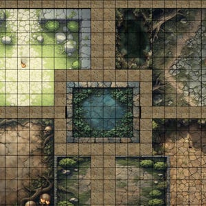 May include: A detailed, top-down view of a fantasy-themed game map. The map is divided into several square sections, each depicting different environments like a forest, a swamp, and a stone pathway. The map is gridded for gameplay.