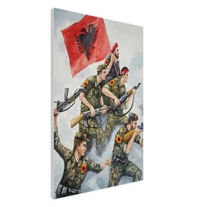 Płótno UÇK Freedom Fighter, płótno z okazji Dnia Niepodległości Kosowa, historyczna sztuka Kosowa, albański wystrój wnętrz; sztuka albańska, albańska sztuka ścienna