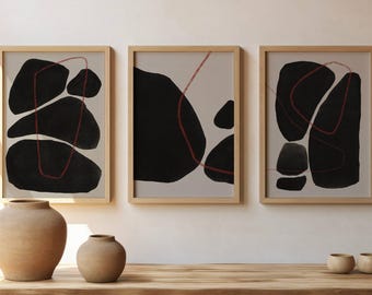 Ink & Crayon Set of 3 Abstract Prints, Neutral Modern Wall Art, Calming Interior Design, Japandi Living Room Art
