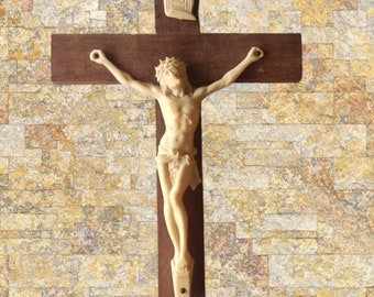 Antique Wooden Cross with Bone Jesus Christ Statue