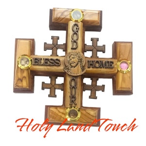 Handmade Olive Wood Jerusalem Cross with Holy Land Elements