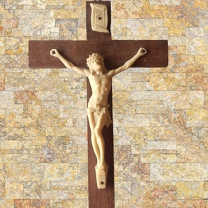 Antique Wooden Cross with Bone Jesus Christ Statue