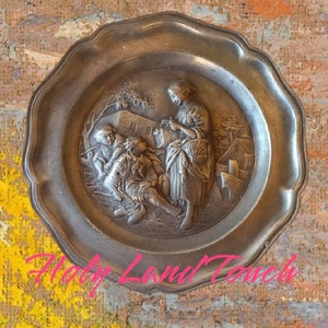 Vintage French Pewter Plate: Embossed Woman with Grapes, Decorative Bowl (8.85 in)