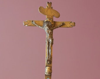 Antique Altar Cross with Base: Jerusalem Holy Land Relic