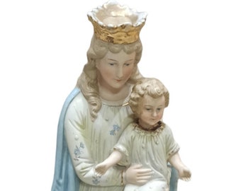 Bisque Porcelain Antique Madonna Virgin Mary Child Jesus Chapel Altar Statue