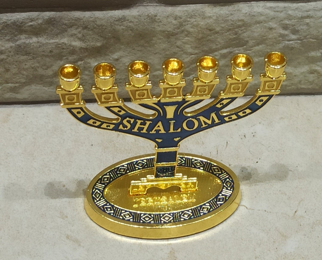 Menorah Star of David 7 Branch Jewish Gold Blue Hanukkah Israel