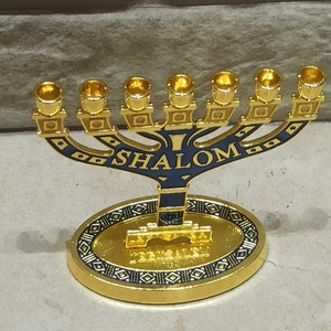 Menorah Star of David 7 Branch Jewish Gold Blue Hanukkah Israel Jerusalem Gift Holy Land