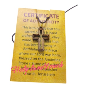 Handcrafted Olive Wood Cross Necklace Certificate Blessed Holy Sepulcher Jerusalem Made